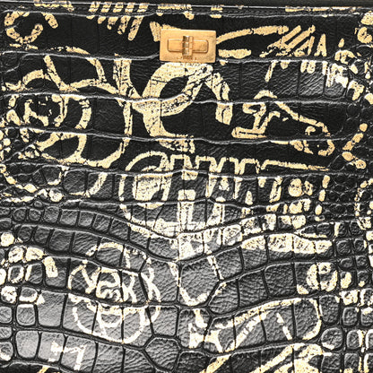 Chanel Calfskin Crocodile Embossed Graffiti 2.55 Medium Cocodile Reissue Cosmetic Case Black Gold 8 of 8