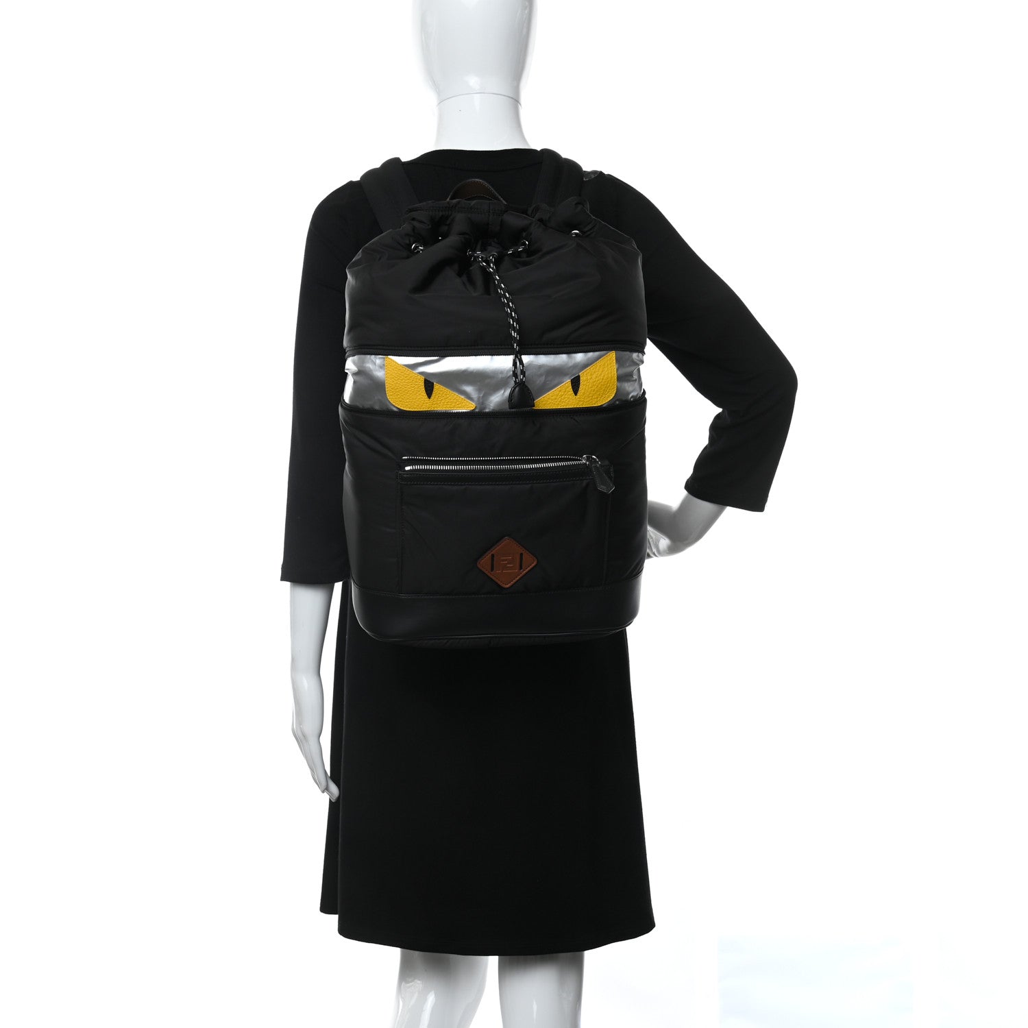 Fendi Nylon Cuoio Romano Monster Eyes Expandable Drawstring Backpack Black Argento Sunflower 2 of 9