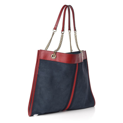 Gucci X MLB Suede Calfskin NY Yankees Large Rajah Chain Tote New Blue Romantic Cherry 3 of 10