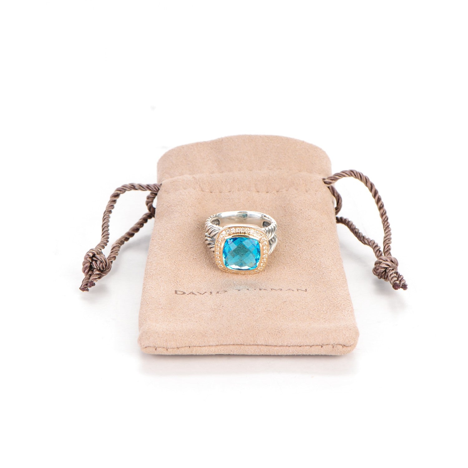 David Yurman Sterling Silver 18K Yellow Gold Diamond Blue Topaz 11mm Albion Ring 53 6.5 8 of 8