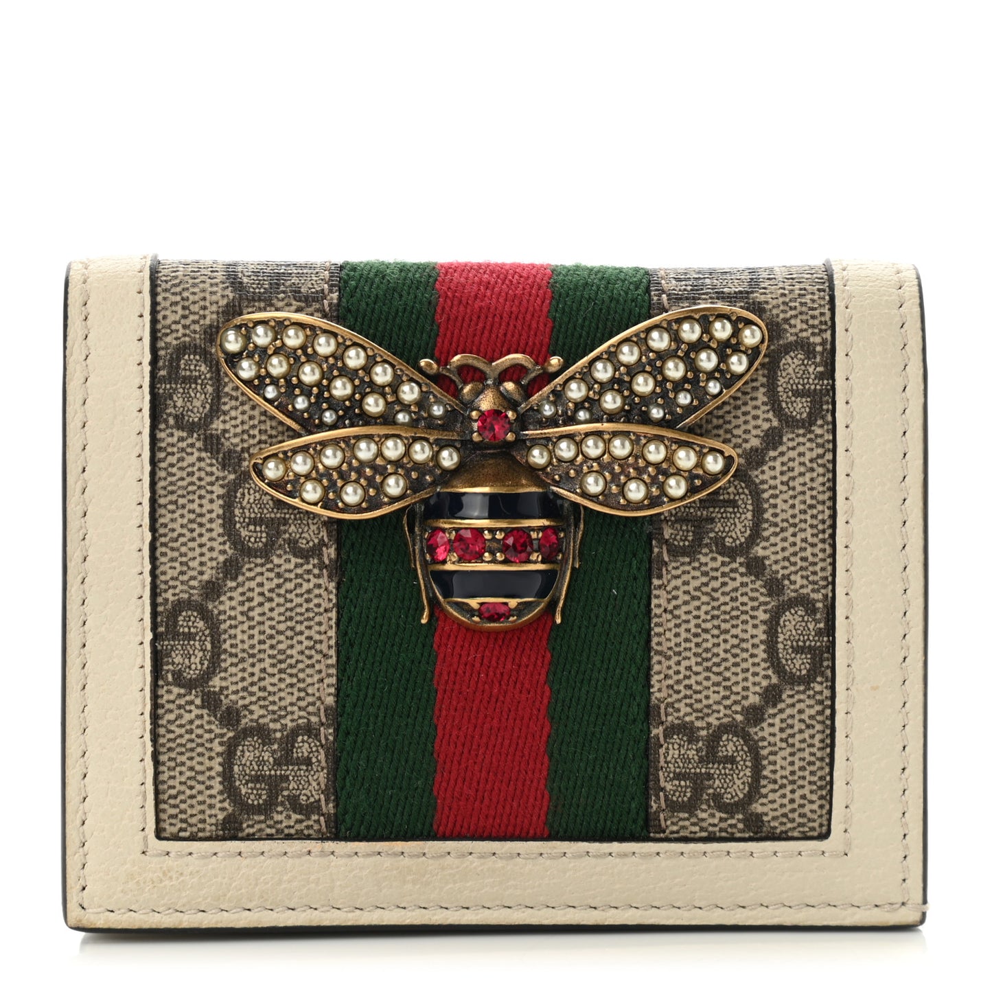 GG Supreme Monogram Web Queen Margaret Card Case Wallet Beige Mystic White