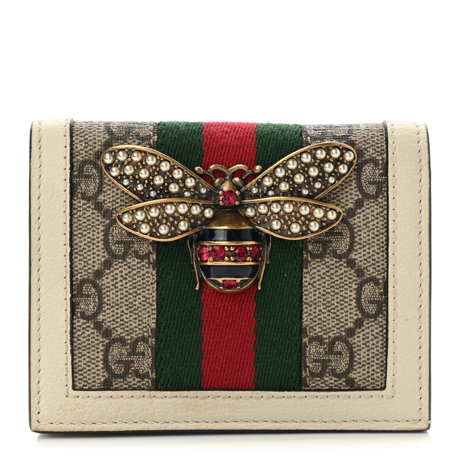 Gucci GG Supreme Monogram Web Queen Margaret Card Case Wallet Beige Mystic White 1 of 7