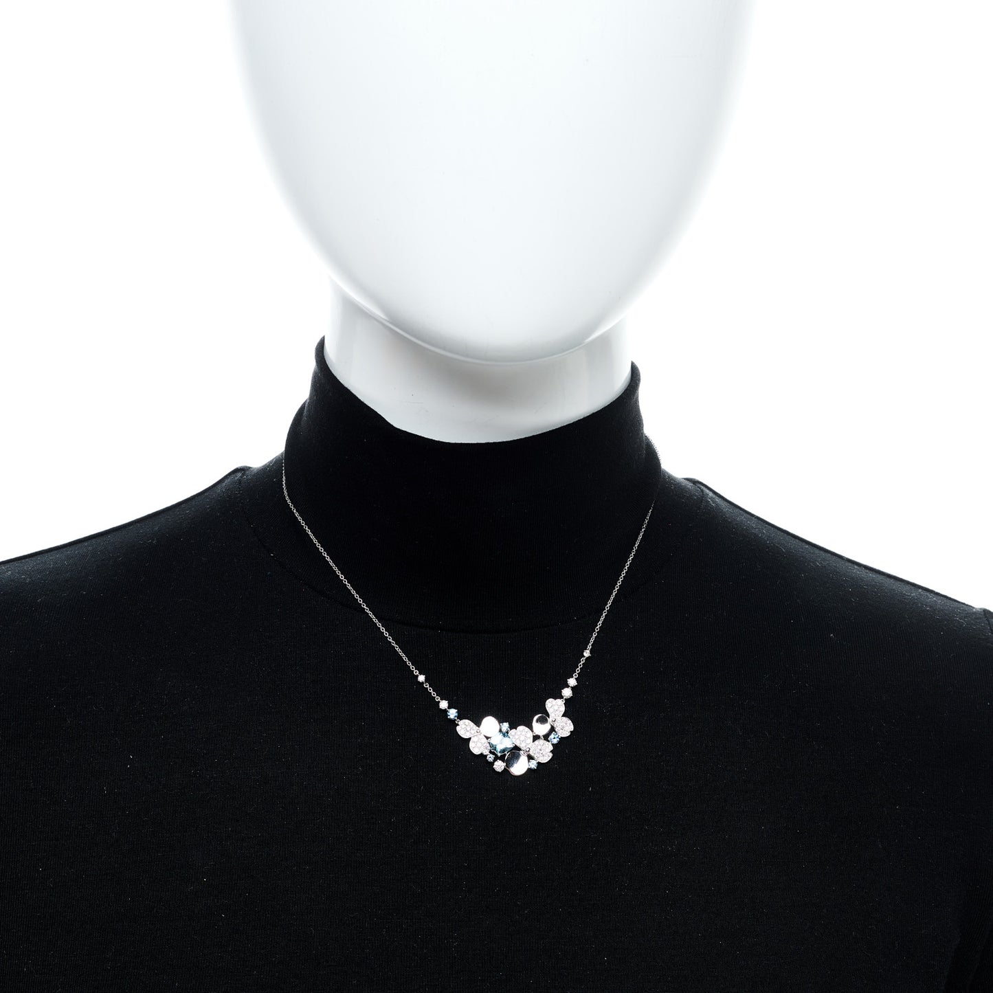 Platinum Diamond Aquamarine Paper Flowers Cluster Pendant Necklace