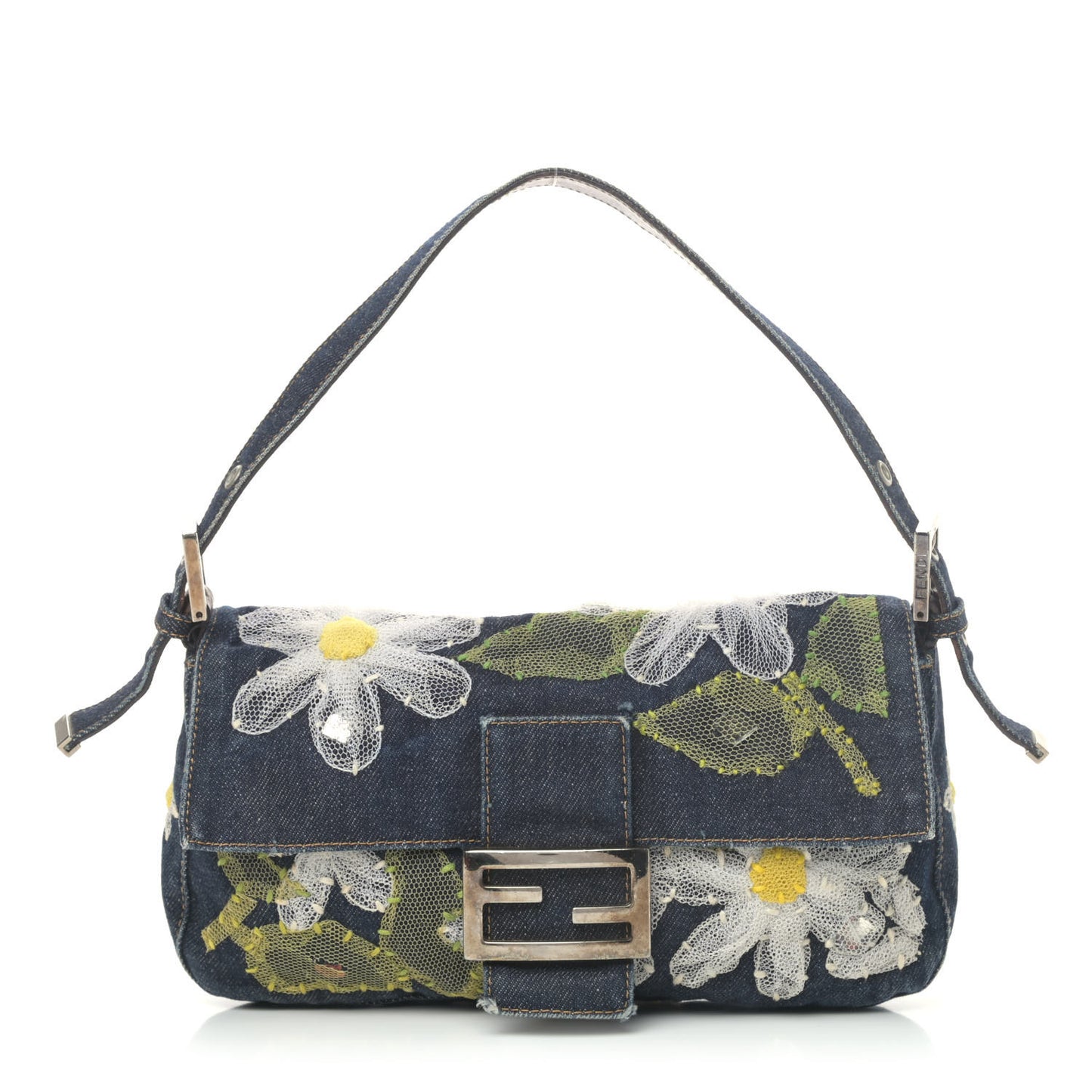 Denim Flower Applique Baguette Blue