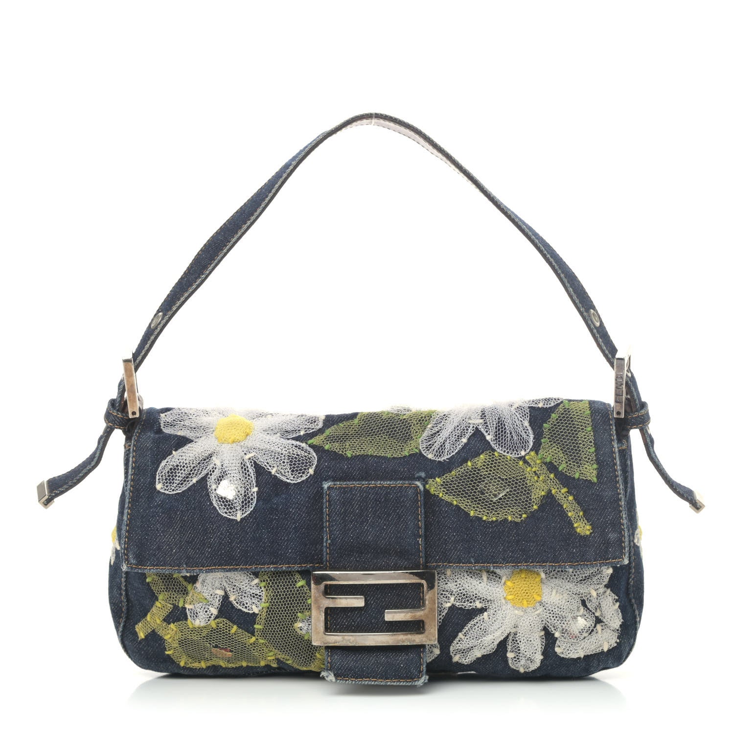 Fendi Denim Flower Applique Baguette Blue 1 of 4
