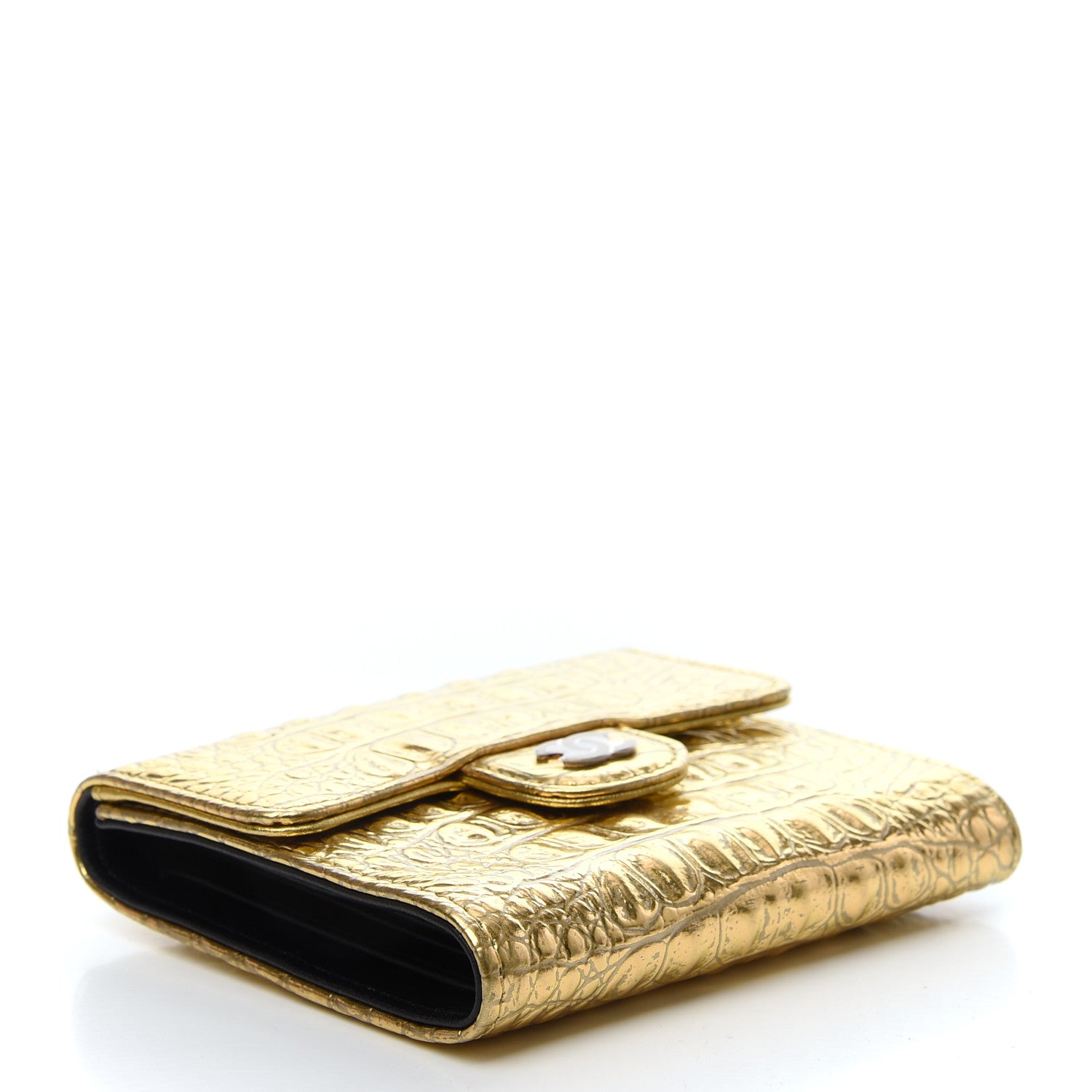 Chanel Metallic Calfskin Crocodile Embossed Cocodile Compact Flap Wallet Gold 4 of 8