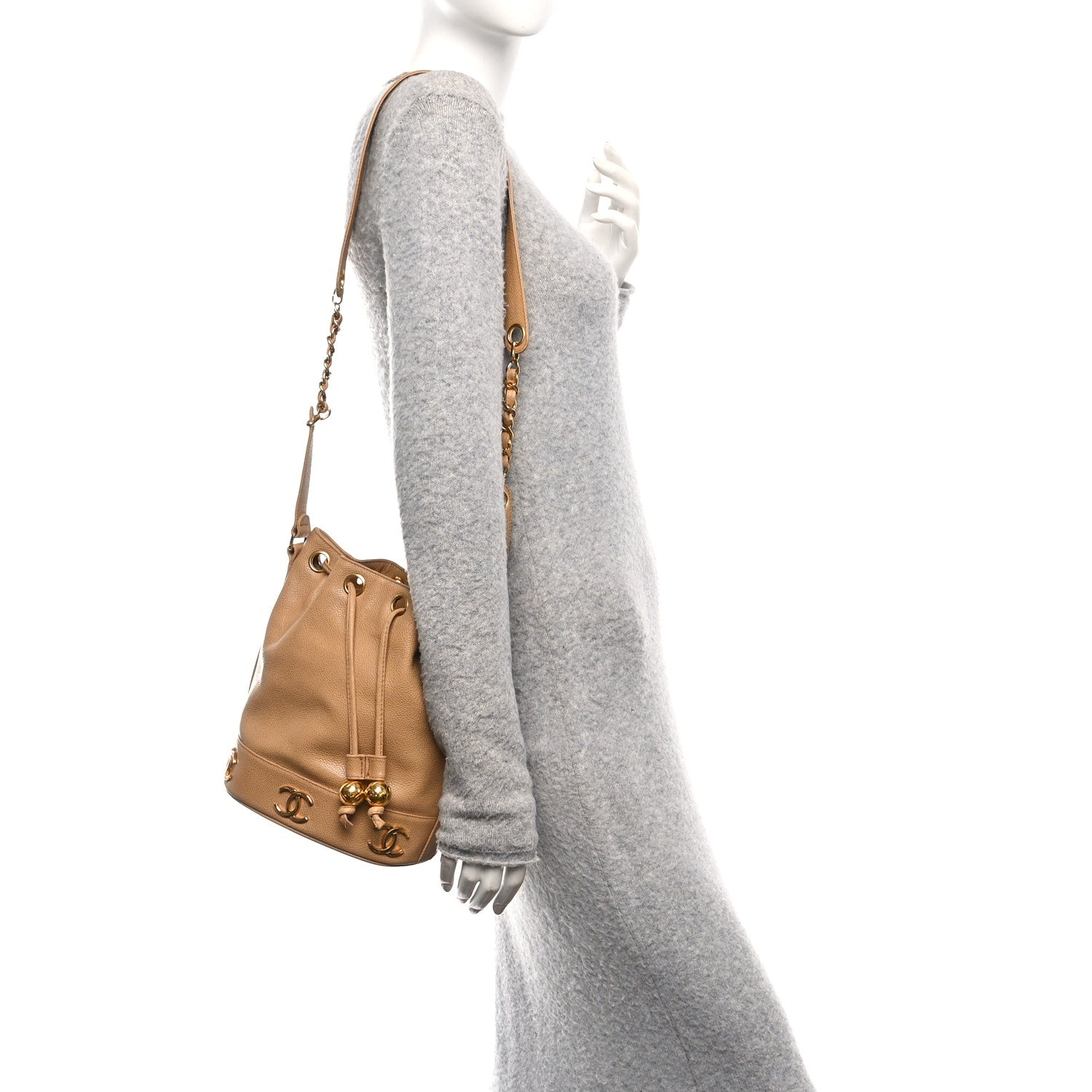 Chanel Caviar CC Drawstring Shoulder Bag Beige 2 of 11