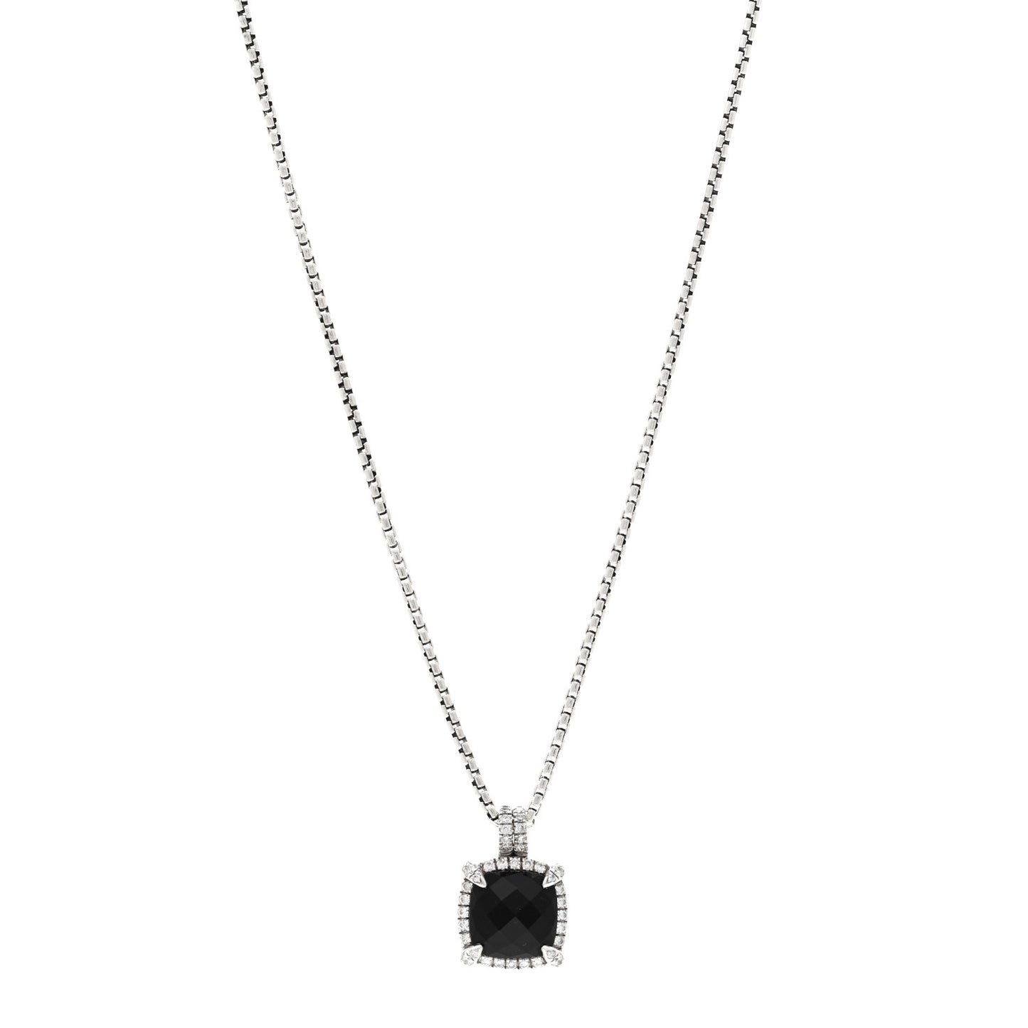 Sterling Silver Diamond Black Onyx 9mm Chatelaine Pave Bezel Pendant Necklace