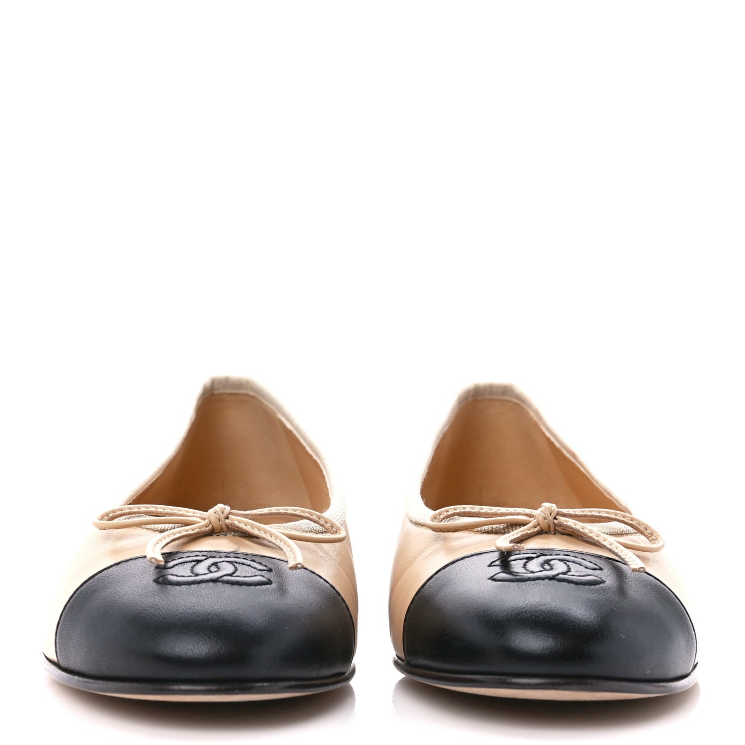 Chanel Lambskin Cap Toe CC Ballerina Flats 38.5 Beige Black 2 of 10