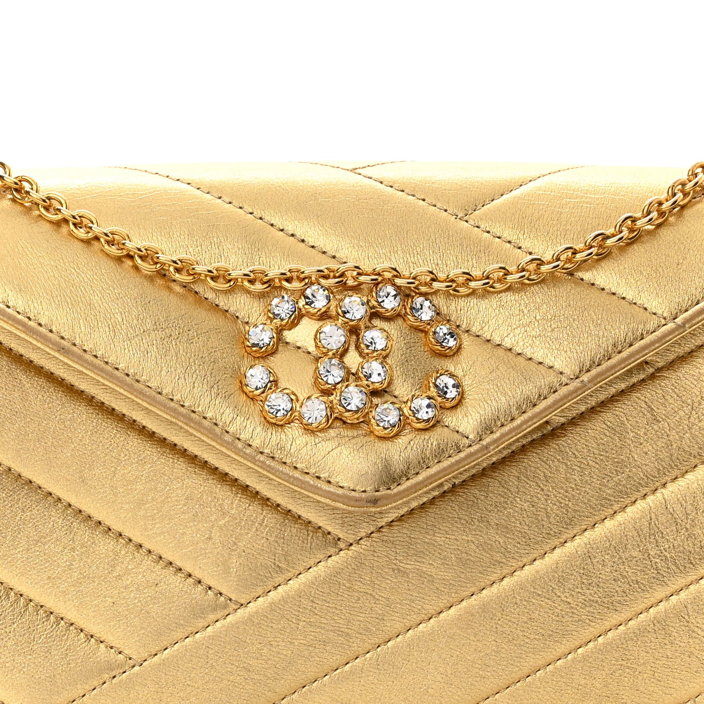 Metallic Lambskin Crystal Chevron Chain Clutch Gold