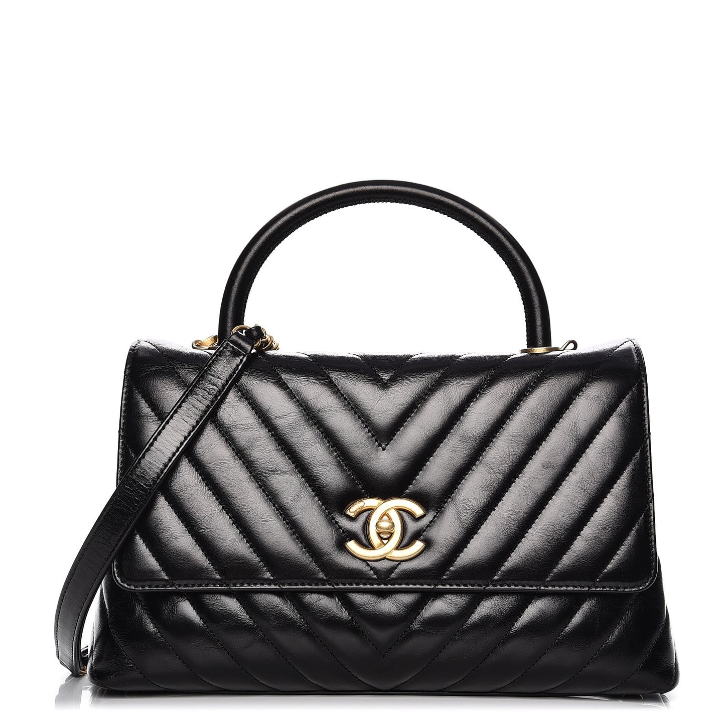 Calfskin Chevron Quilted Coco Handle Flap Black