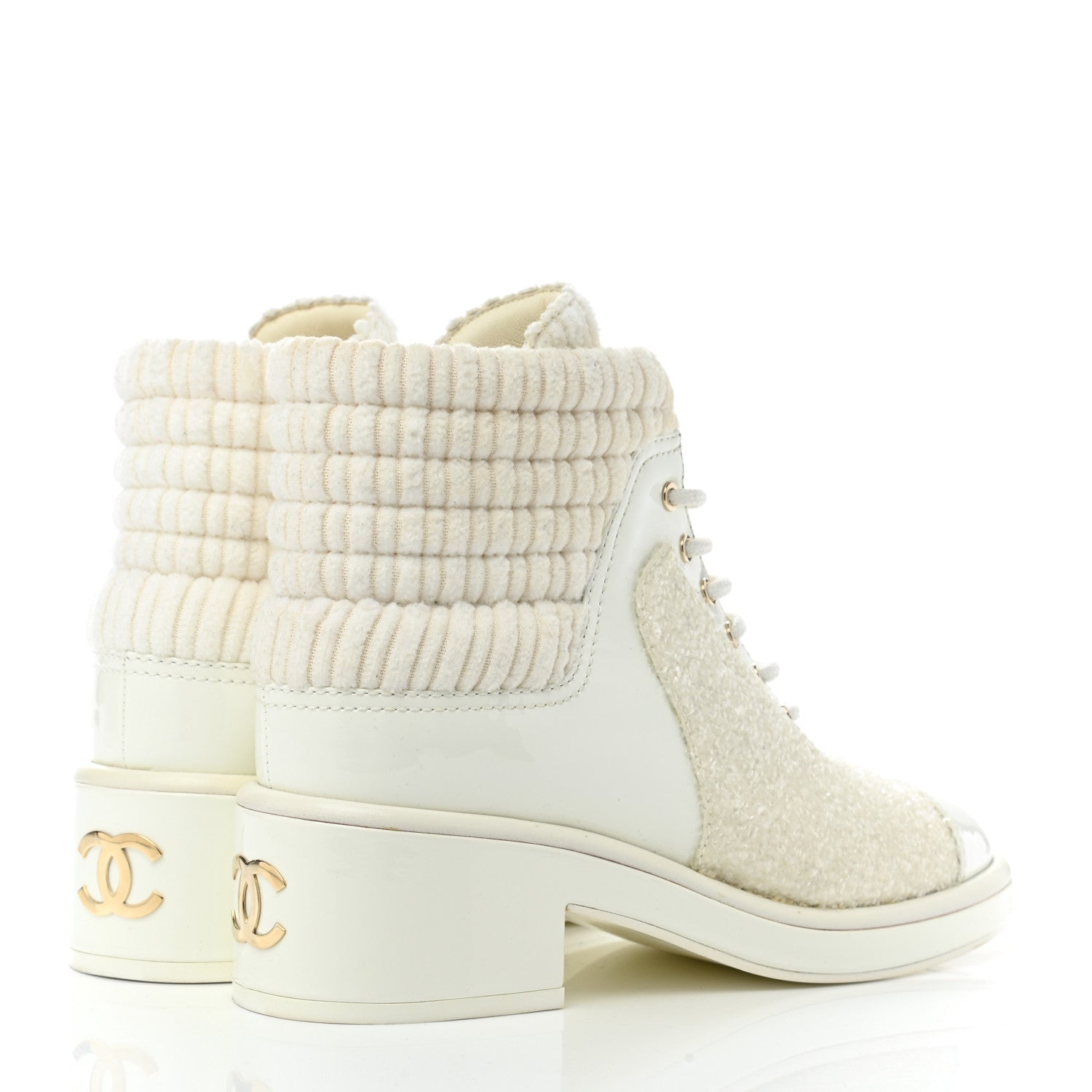 Chanel Tweed Patent Calfskin Velvet Lace Up Boots 37 White 4 of 11
