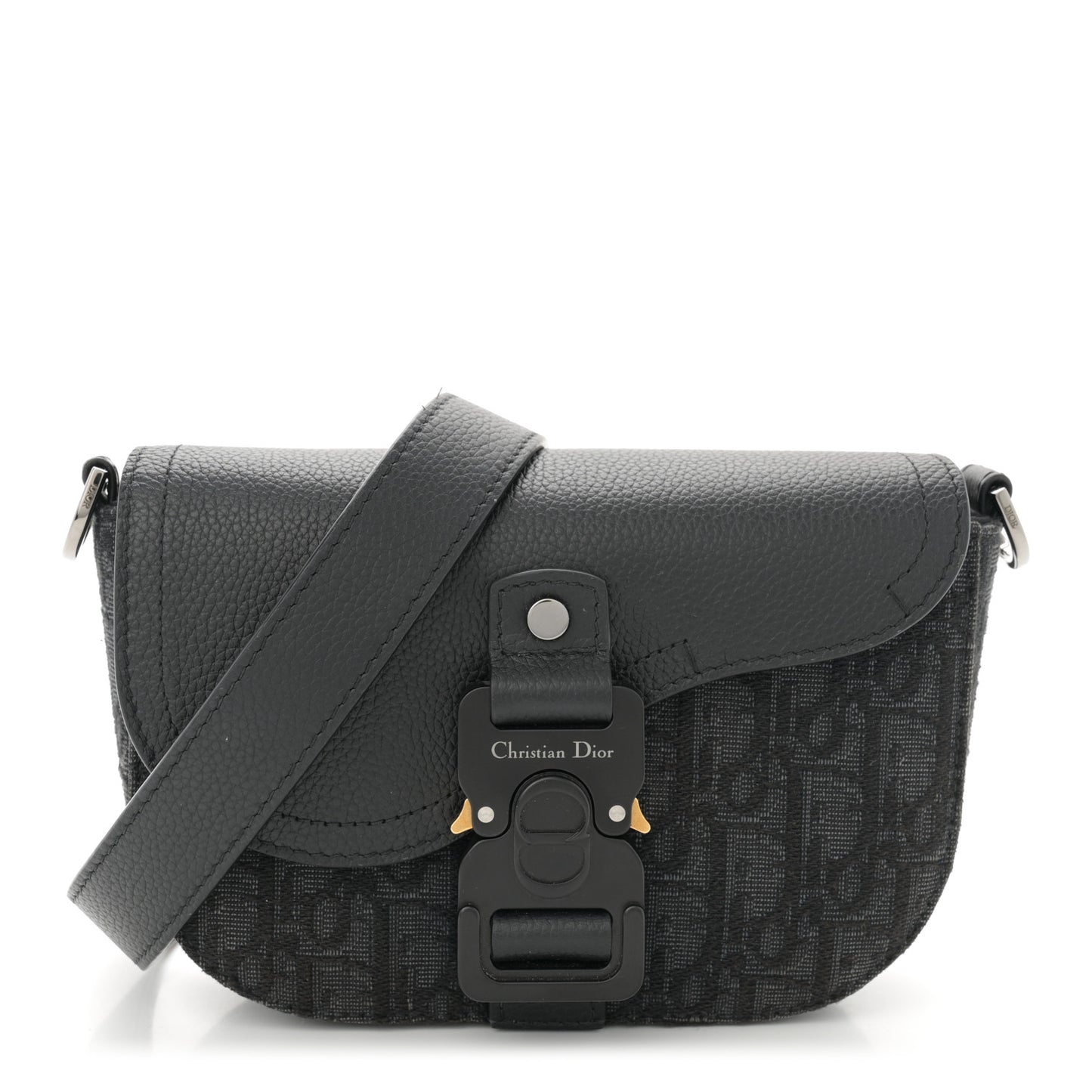 Oblique Jacquard Grained Calfskin Mini Saddle Messenger Bag With Flap Black