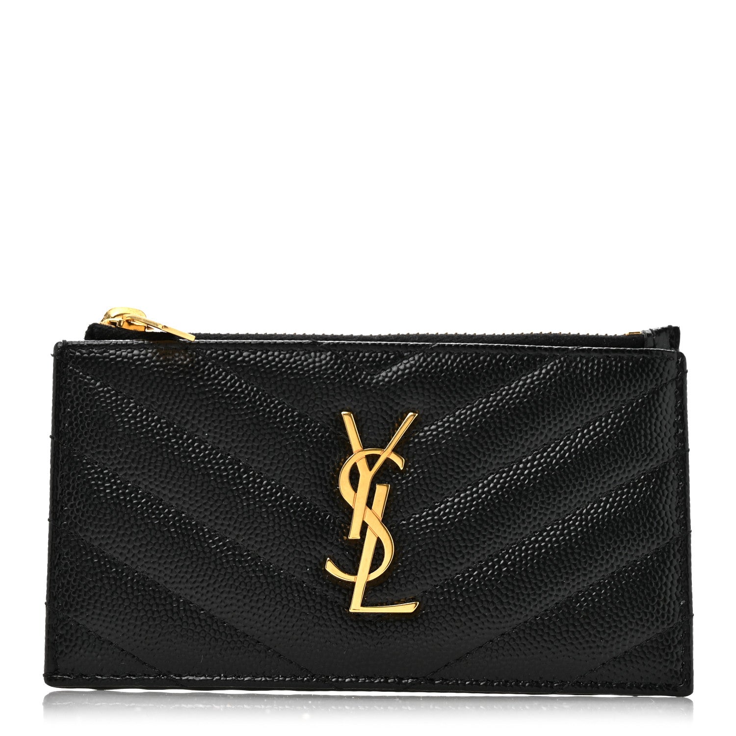 Saint Laurent Grain De Poudre Matelasse Chevron Monogram Fragments Zippered Card Case Black 1 of 8