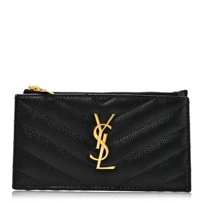Saint Laurent Grain De Poudre Matelasse Chevron Monogram Fragments Zippered Card Case Black 1 of 8