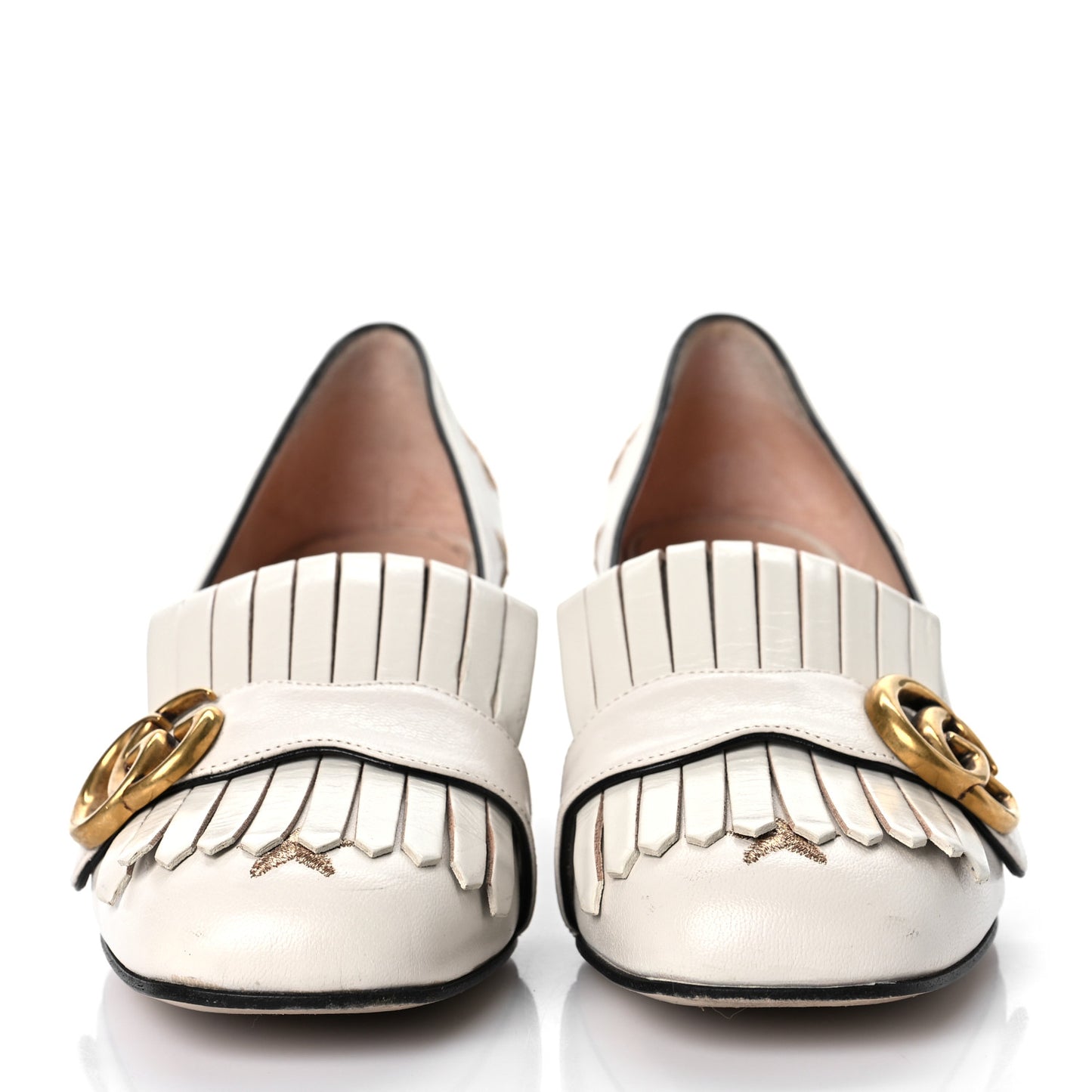 Quentin Goatskin Bee Star Embroidered GG Marmont Fringe 50mm Loafer Pumps 37.5 Mystic White