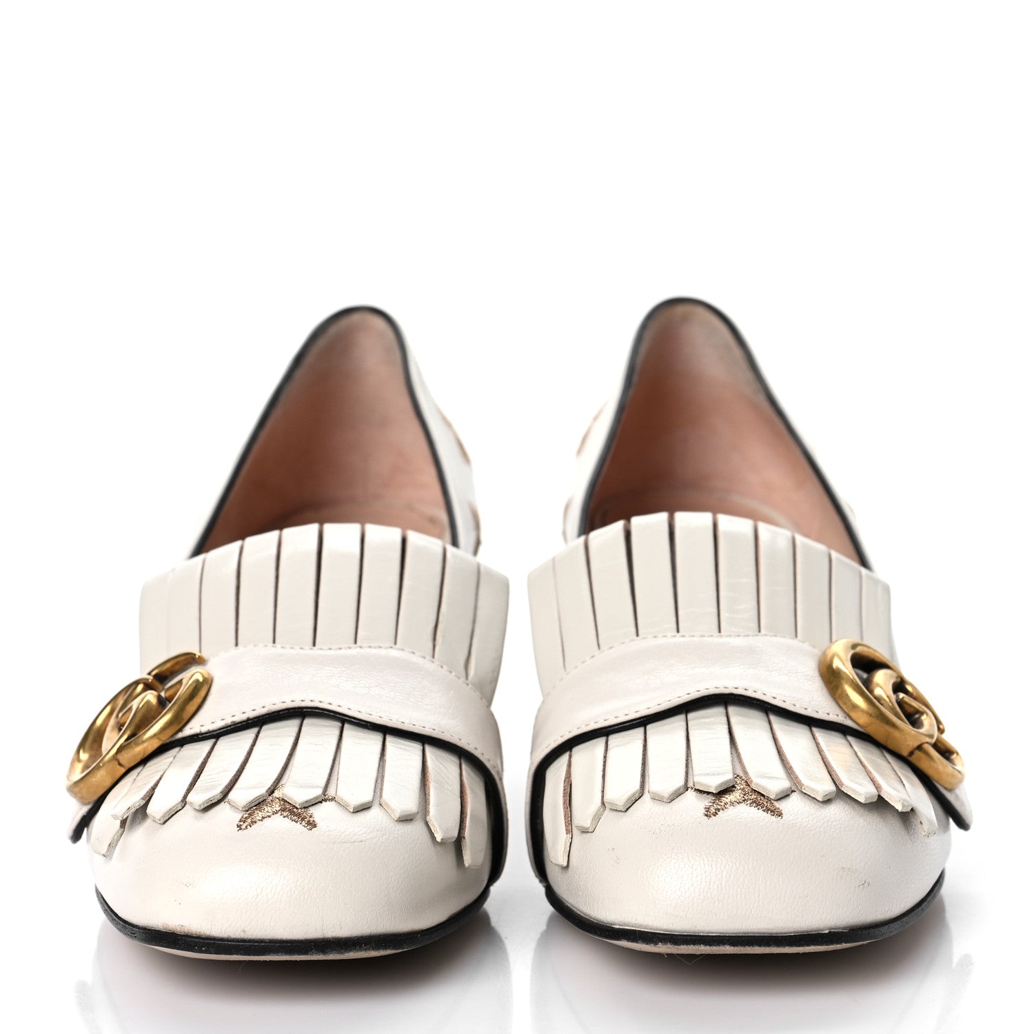Gucci Quentin Goatskin Bee Star Embroidered GG Marmont Fringe 50mm Loafer Pumps 37.5 Mystic White 2 of 9