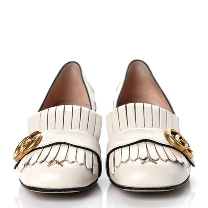 Gucci Quentin Goatskin Bee Star Embroidered GG Marmont Fringe 50mm Loafer Pumps 37.5 Mystic White 2 of 9