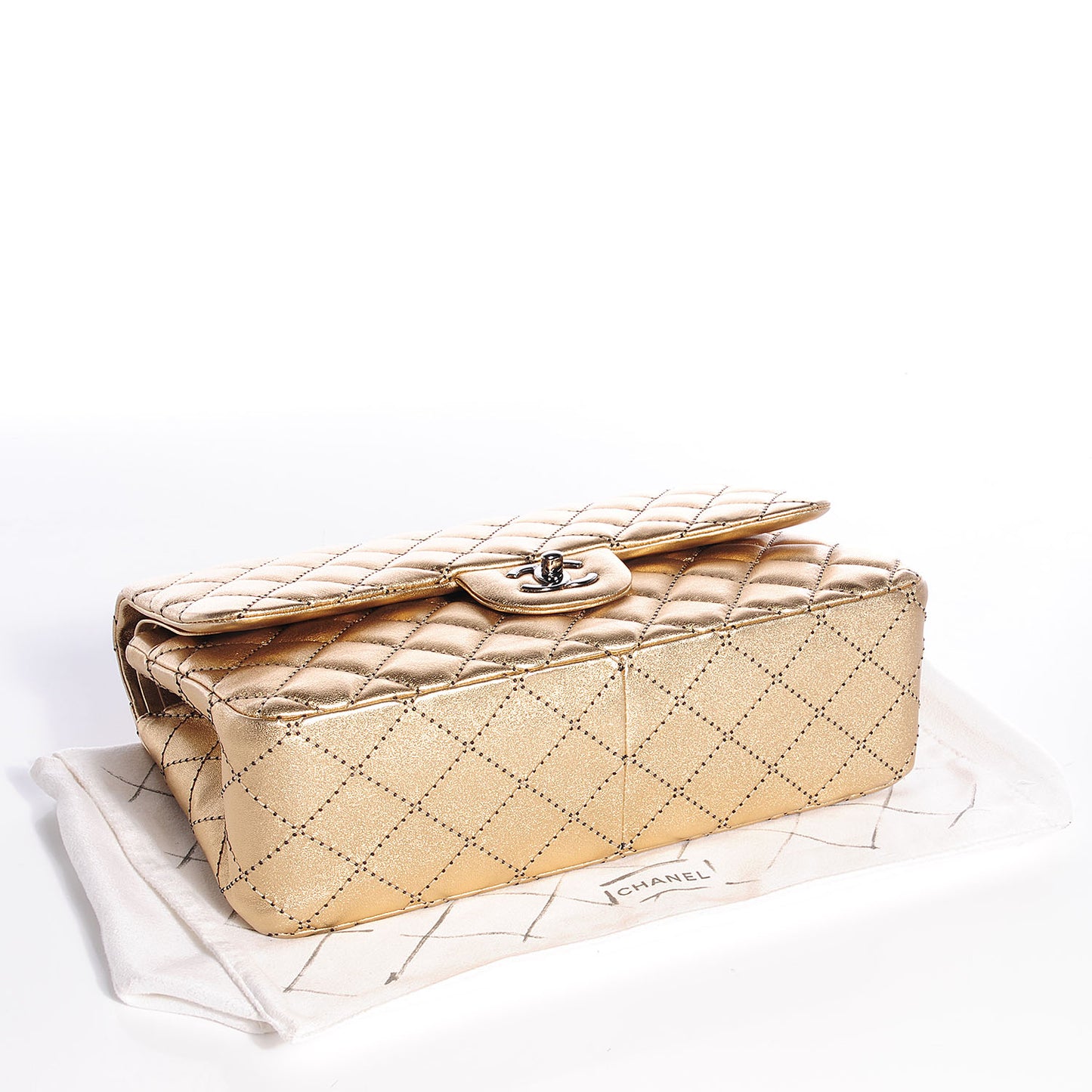 Metallic Washed Lambskin Quilted Jumbo Double Flap Dark Gold Black