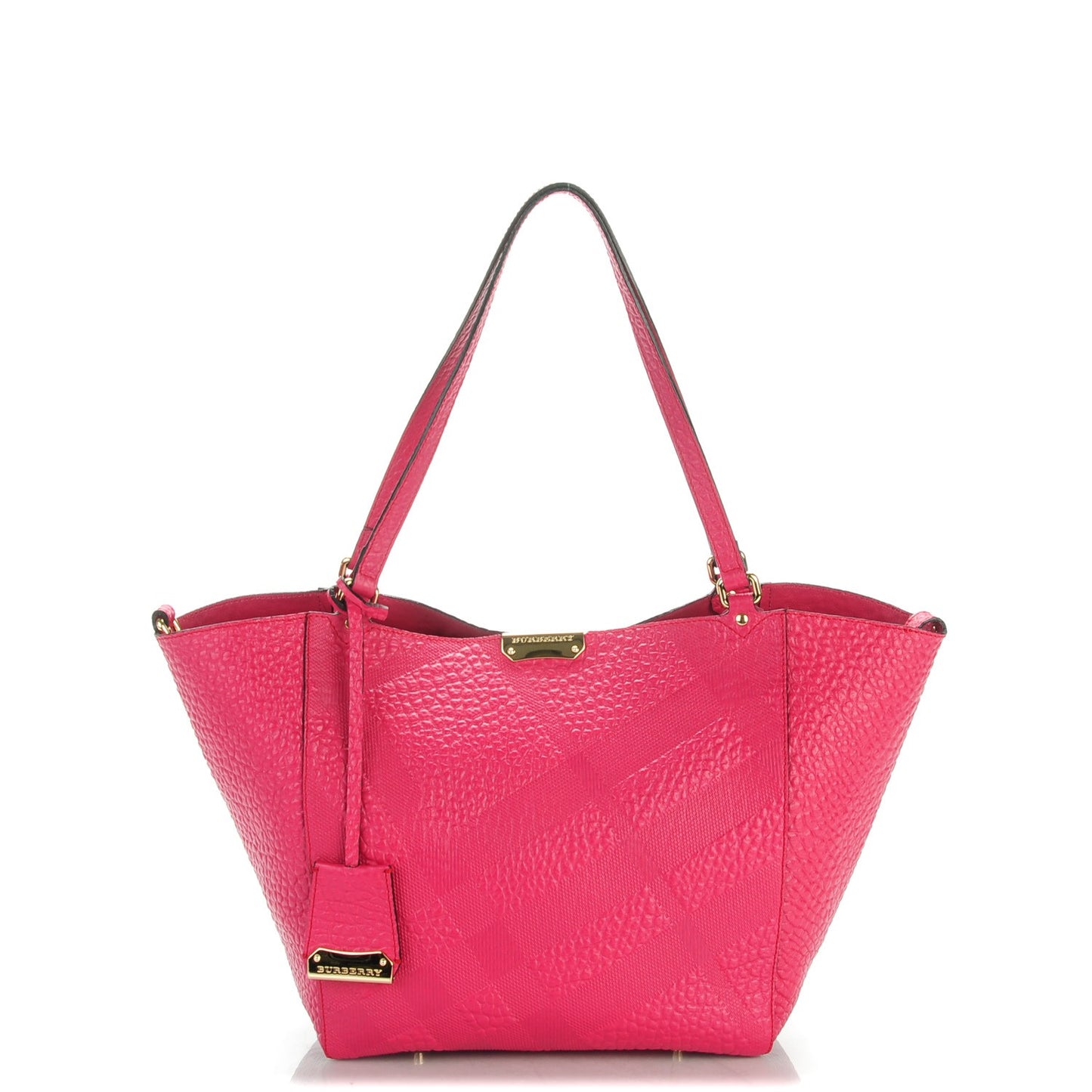 Signature Grain Calfskin Check Embossed Small Canterbury Tote Vibrant Fuchsia