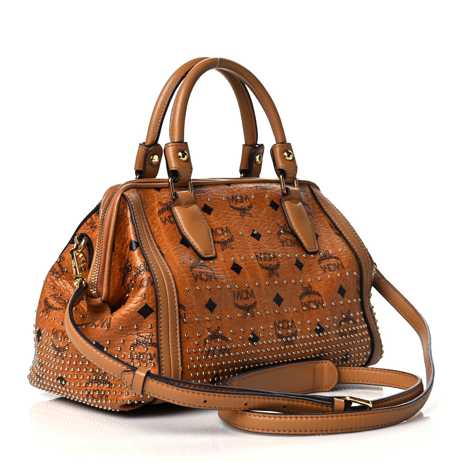 MCM Visetos Studded Boston Satchel Cognac 3 of 10