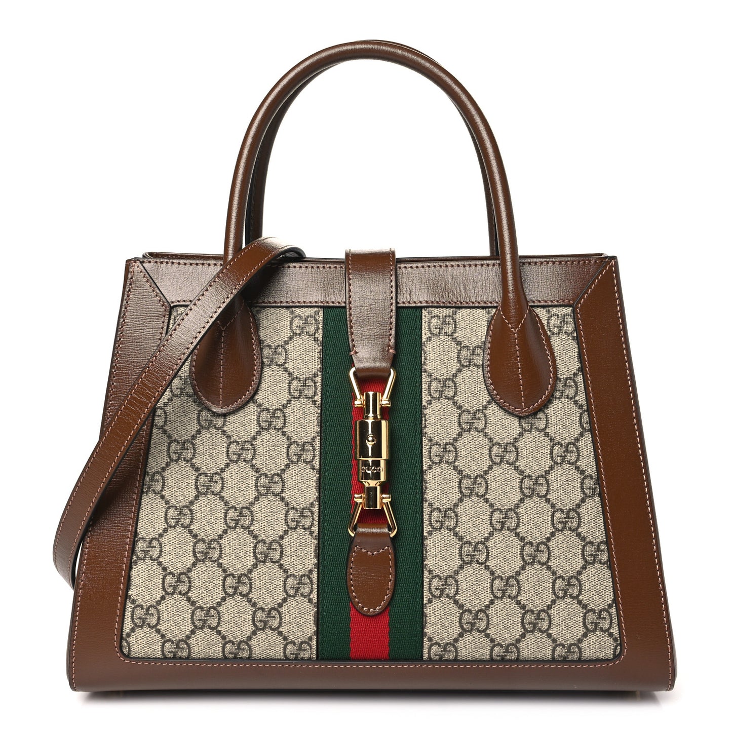 GG Supreme Monogram Azalea Calfskin Web Medium Jackie 1961 Tote Beige Ebony Brown Sugar