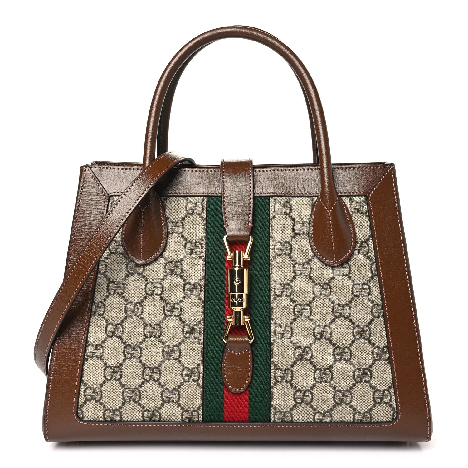 Gucci GG Supreme Monogram Azalea Calfskin Web Medium Jackie 1961 Tote Beige Ebony Brown Sugar 1 of 10