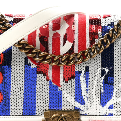 Chanel Sequin Canvas New Medium Cuba Boy Flap White Blue Red 8 of 10