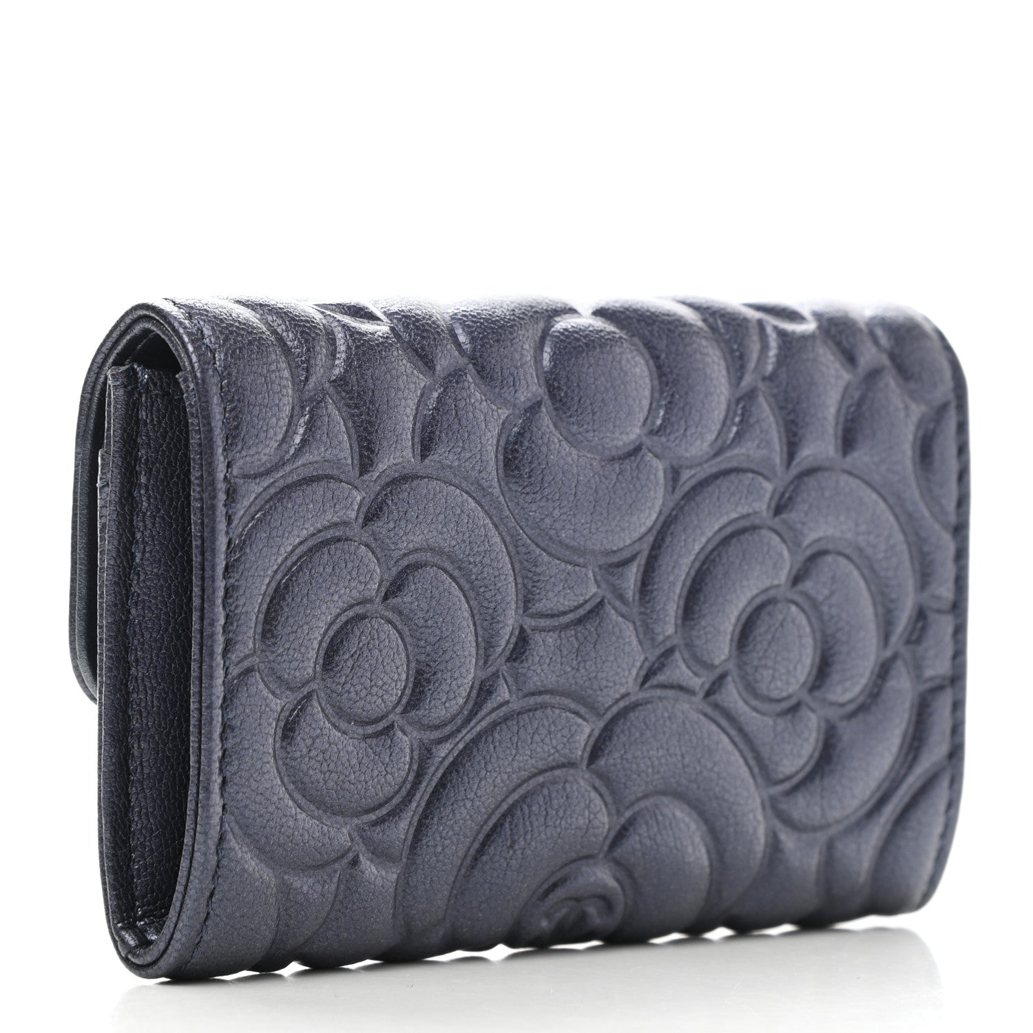 Chanel Goatskin Camellia Embossed Flap Card Holder Wallet Dark Blue 3 of 9