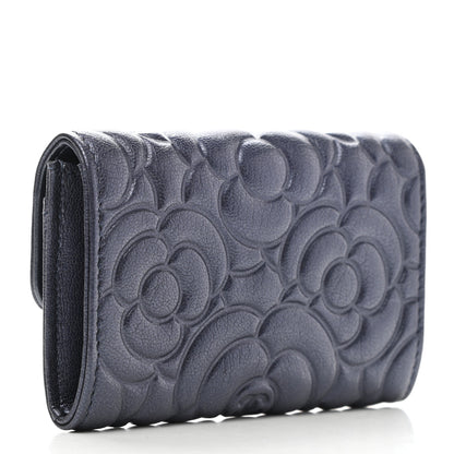 Chanel Goatskin Camellia Embossed Flap Card Holder Wallet Dark Blue 3 of 9