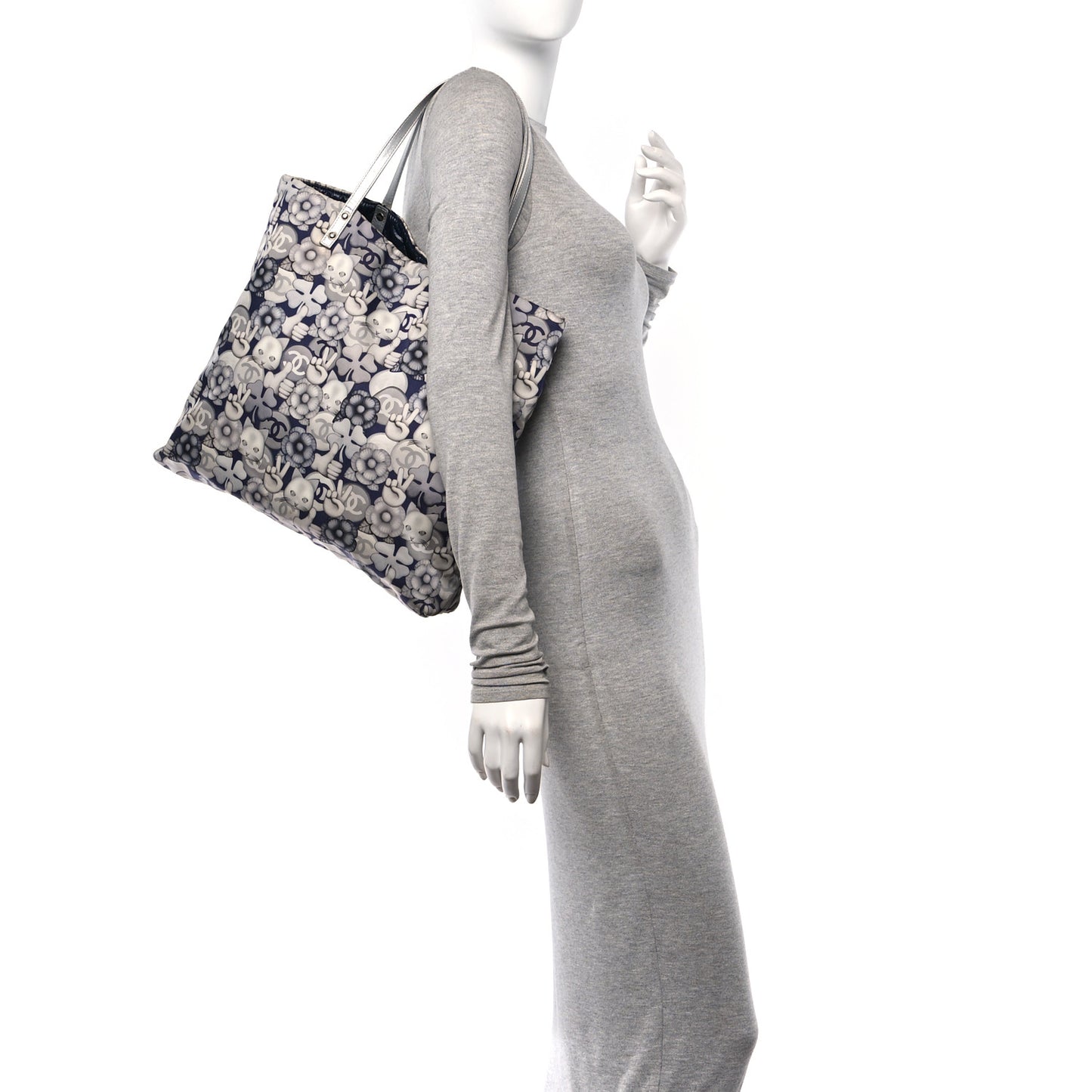 Nylon Cat Emoticon Tote Navy Silver