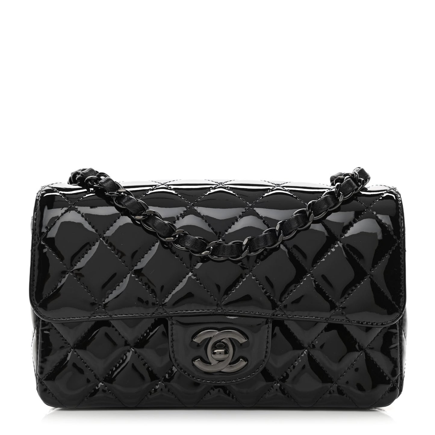 Patent Calfskin Quilted Mini Rectangular Flap So Black