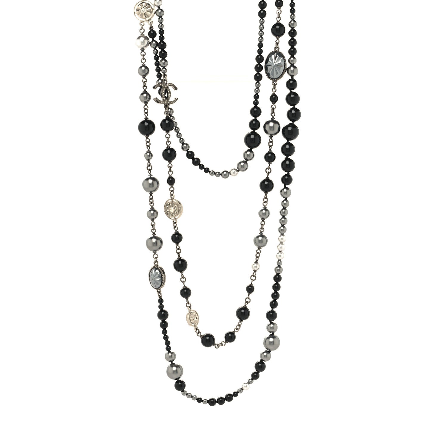 Pearl Crystal Beaded CC Multi Strand Long Necklace Black Silver