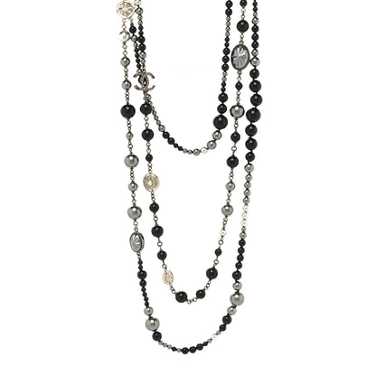 Chanel Pearl Crystal Beaded CC Multi Strand Long Necklace Black Silver 1 of 5