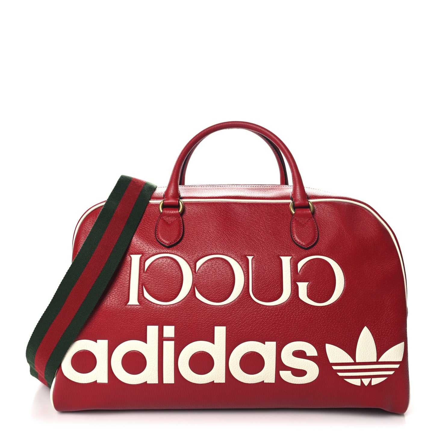 X ADIDAS Textured Dollar Calfskin Web Trefoil Large Bowling Bag Hibiscus Red Off White