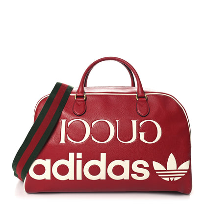 Gucci X ADIDAS Textured Dollar Calfskin Web Trefoil Large Bowling Bag Hibiscus Red Off White 1 of 11