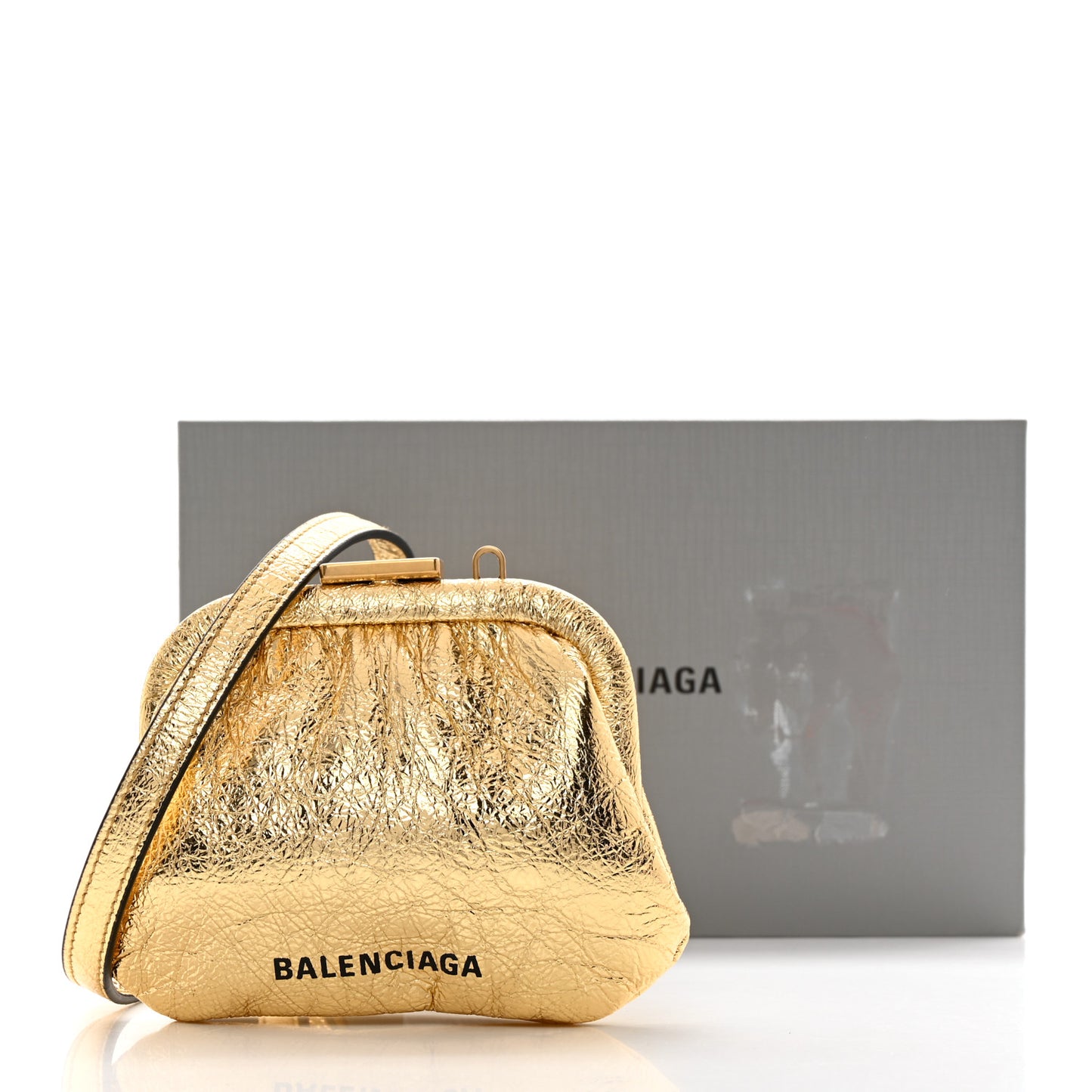 Metallic Textured Calfskin Logo Cloud Coin Purse With Strap Gold