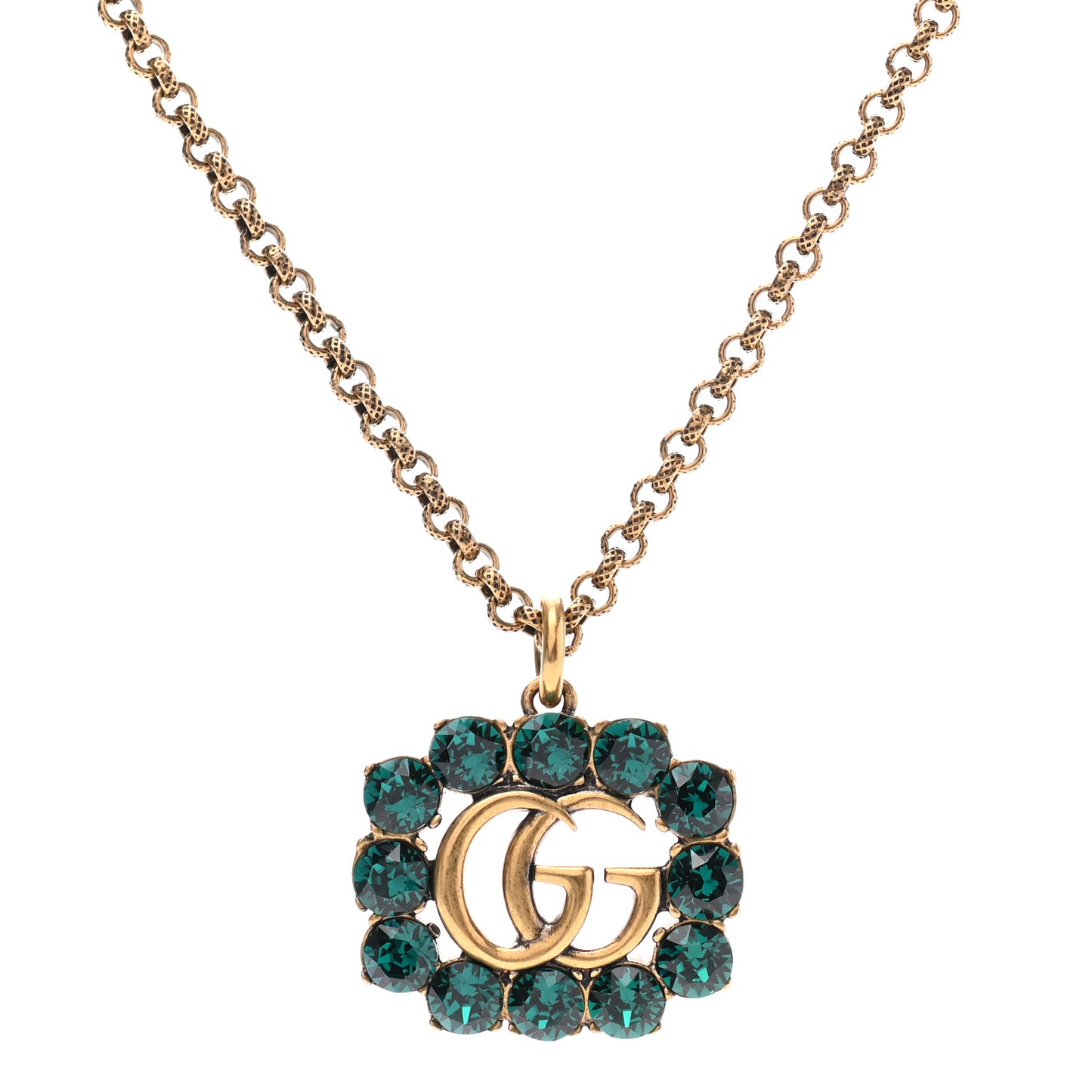 Crystal Embellished Double G Necklace Aged Gold Green