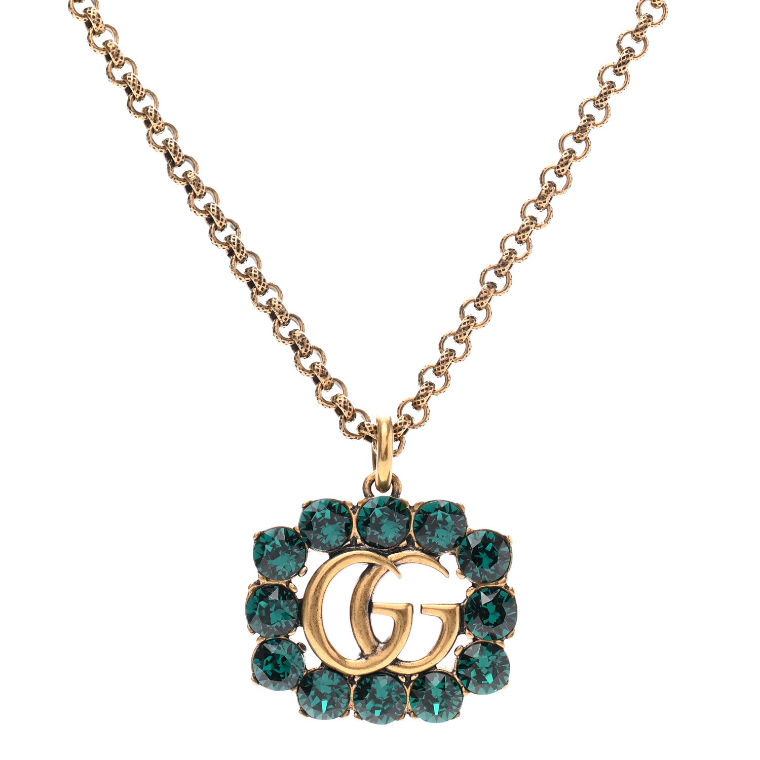 Gucci Crystal Embellished Double G Necklace Aged Gold Green 4 of 8