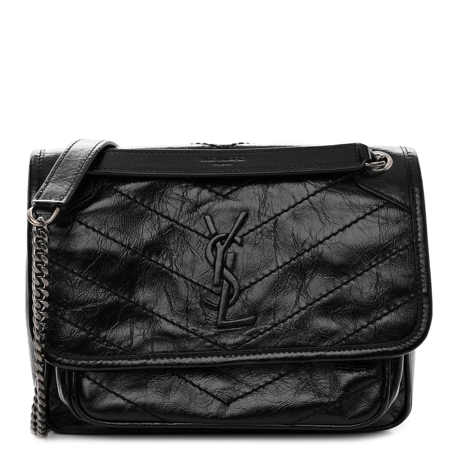 SAINT LAURENT Crinkled Lambskin Matelasse Monogram Baby Niki Chain Satchel Black