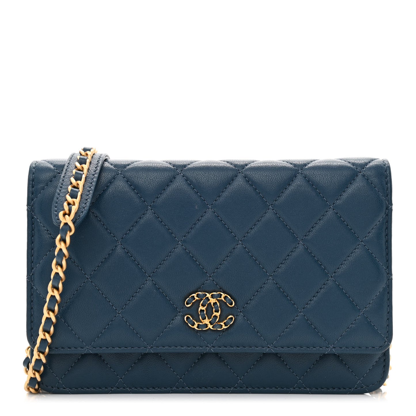 Goatskin Quilted Chanel 19 Wallet On Chain WOC Blue
