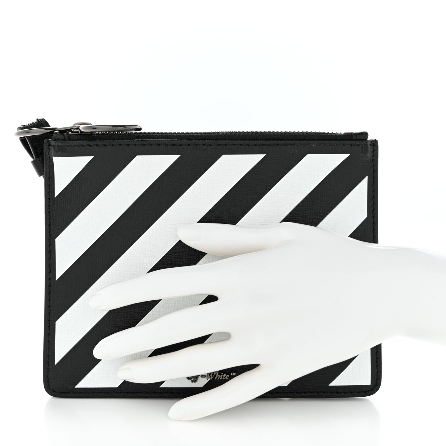 Saffiano Striped Diag Flat Pouch Black White