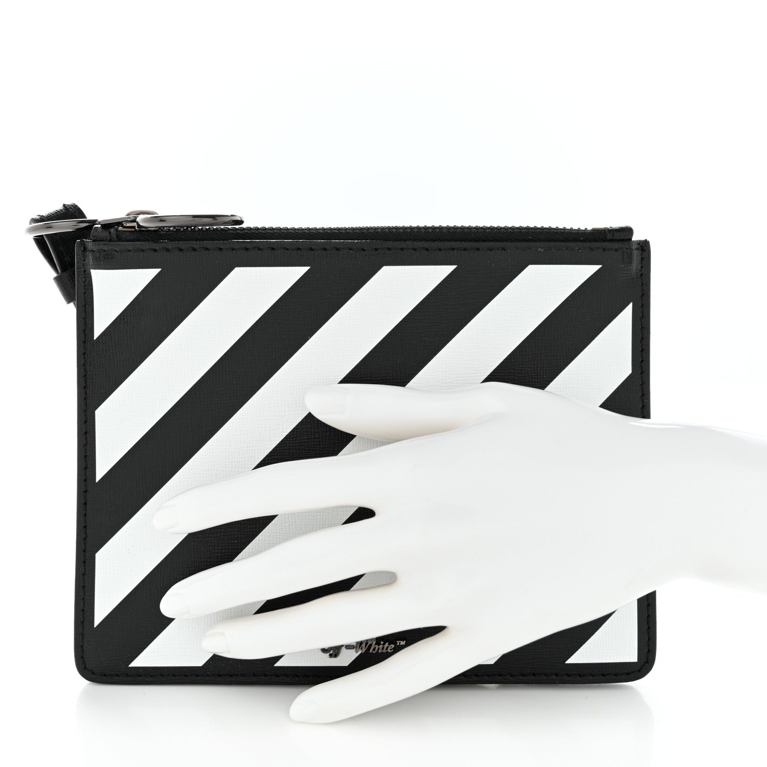 Off-White Saffiano Striped Diag Flat Pouch Black White 2 of 7