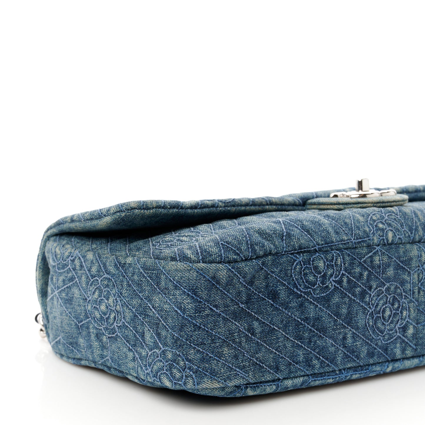 Denim Quilted Camellia Embroidered Large Flap Blue