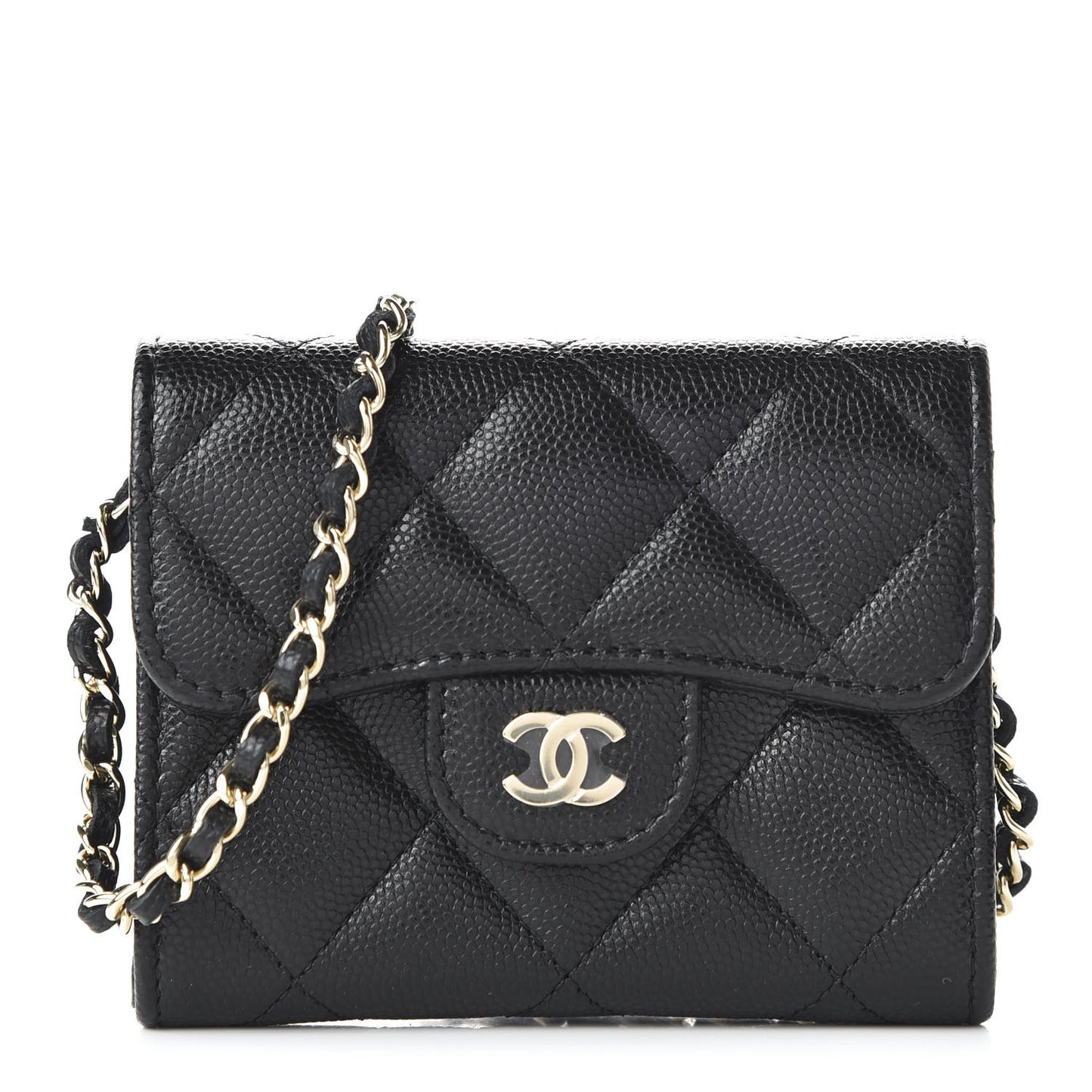 Caviar Quilted Flap Card Holder On Chain Black