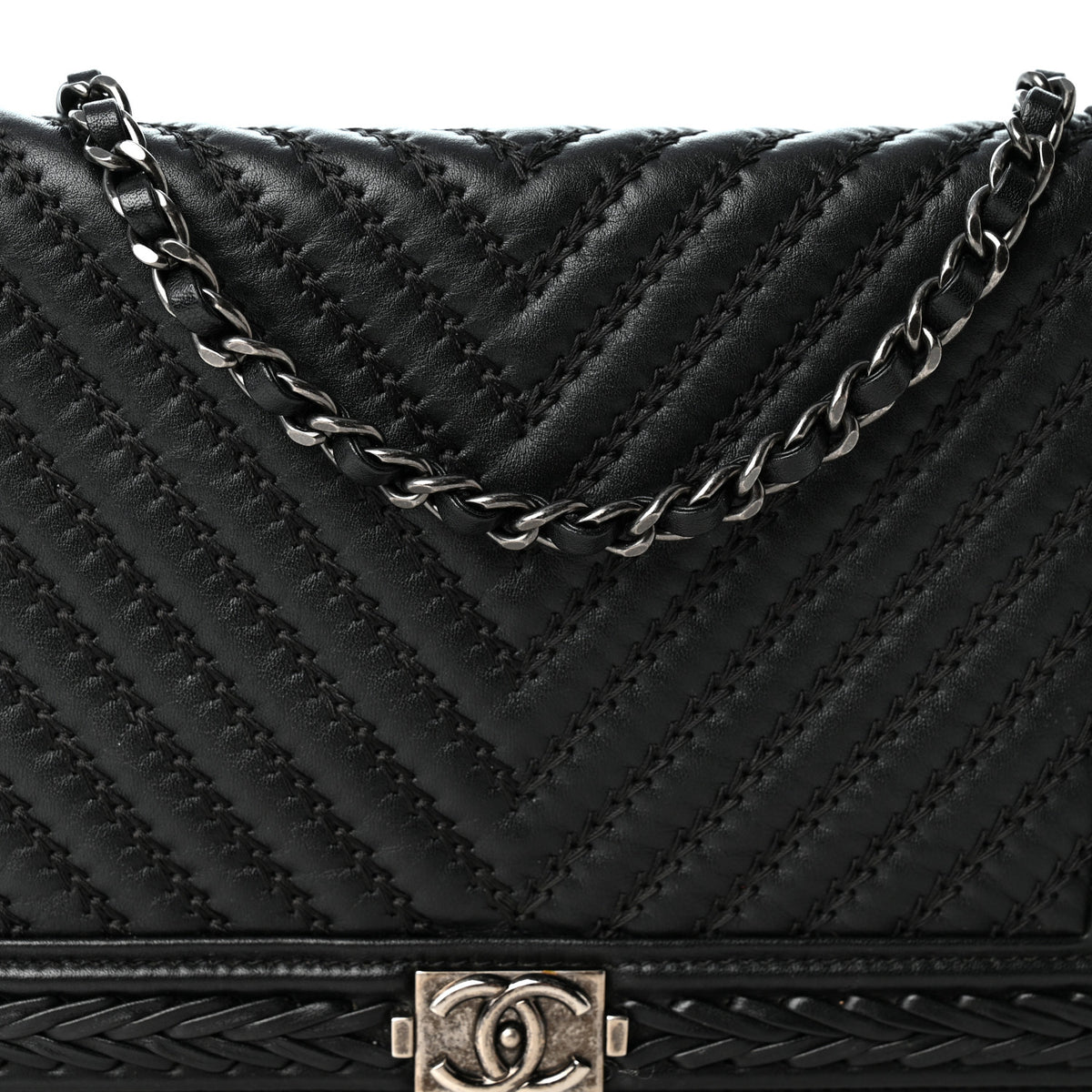Calfskin Chevron Quilted Braided Boy Wallet On Chain WOC Black