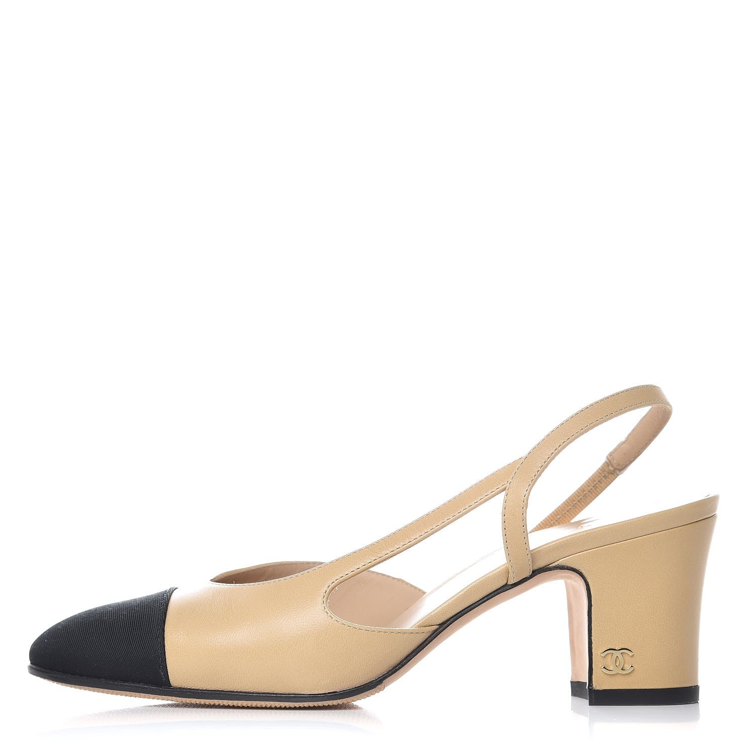 Chanel Goatskin Grosgrain Cap Toe CC Slingback Pumps 35 Beige Black 1 of 9
