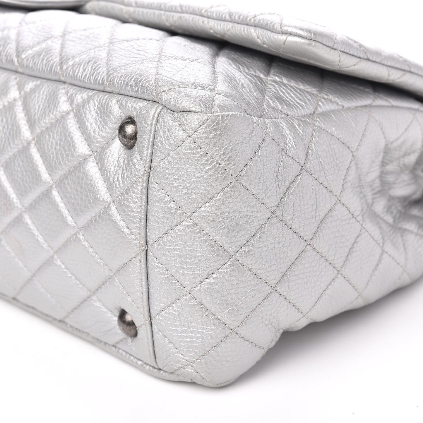 Metallic Calfskin Quilted XXL Travel Flap Bag Silver