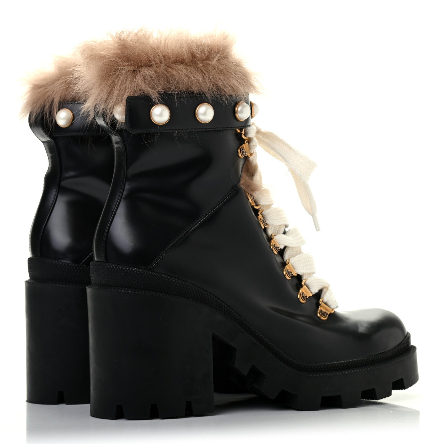 Gucci Magnum Calfskin Fur Pearl Lace Up Combat Ankle Boots 39 Black Naturale 3 of 5