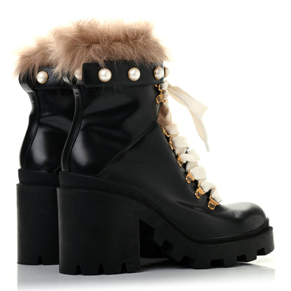 Gucci Magnum Calfskin Fur Pearl Lace Up Combat Ankle Boots 39 Black Naturale 3 of 5